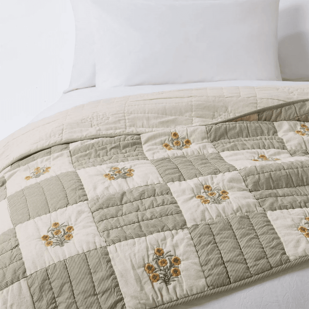 Floral Embroidered Quilted Bedspread, Green