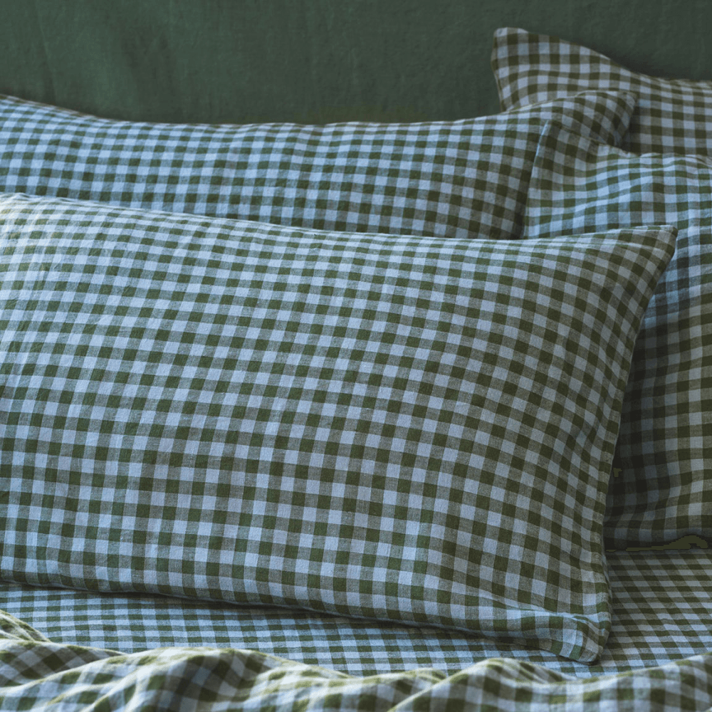 Gingham Pair of Linen Blend Pillowcases, Fern Green & Dusk Blue