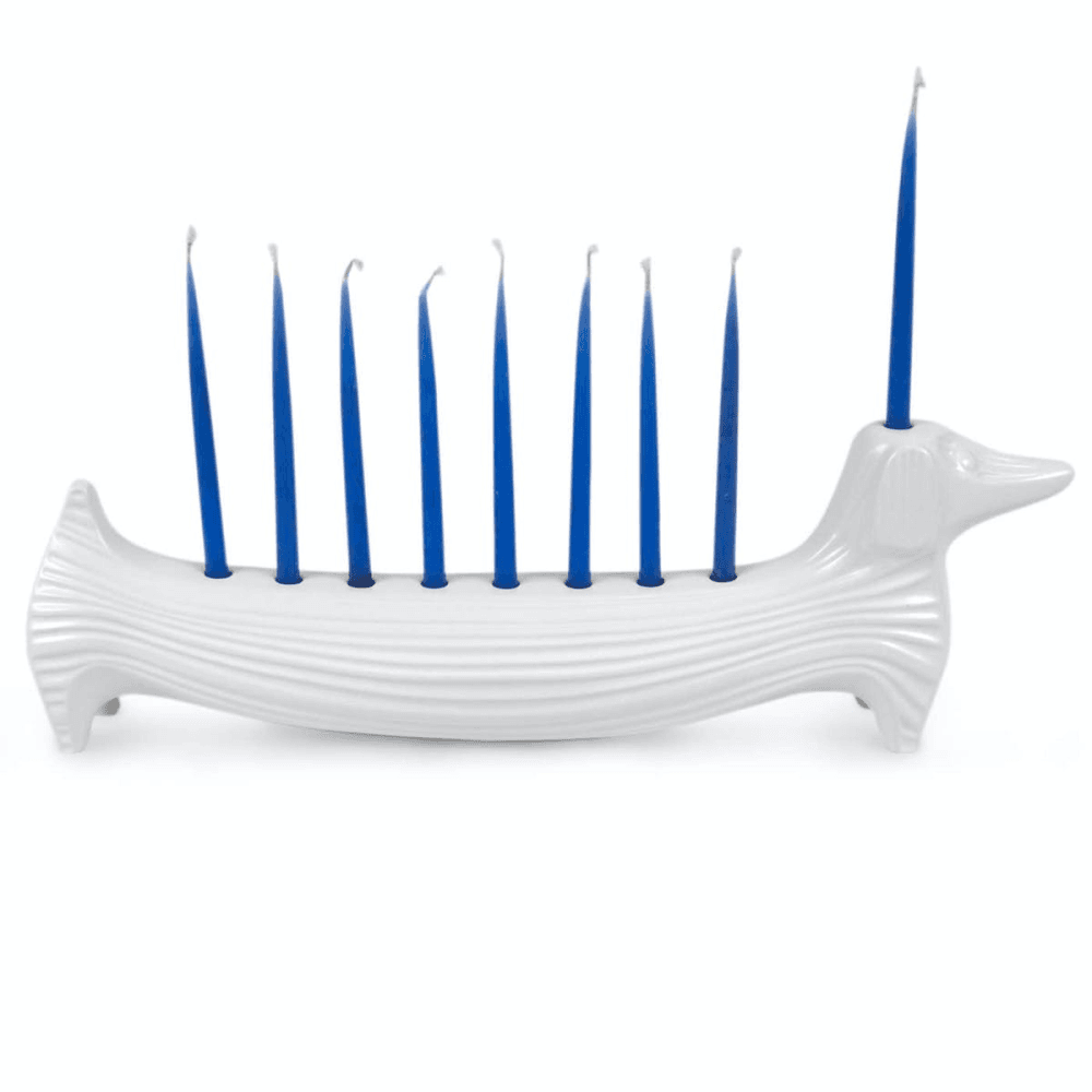 Daschund Menorah, White Ceramic