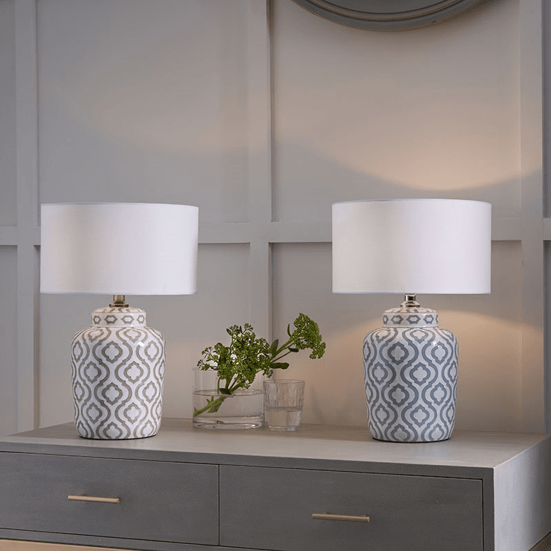 Ceiia Table Lamp with Linen Drum Shade, Grey & White