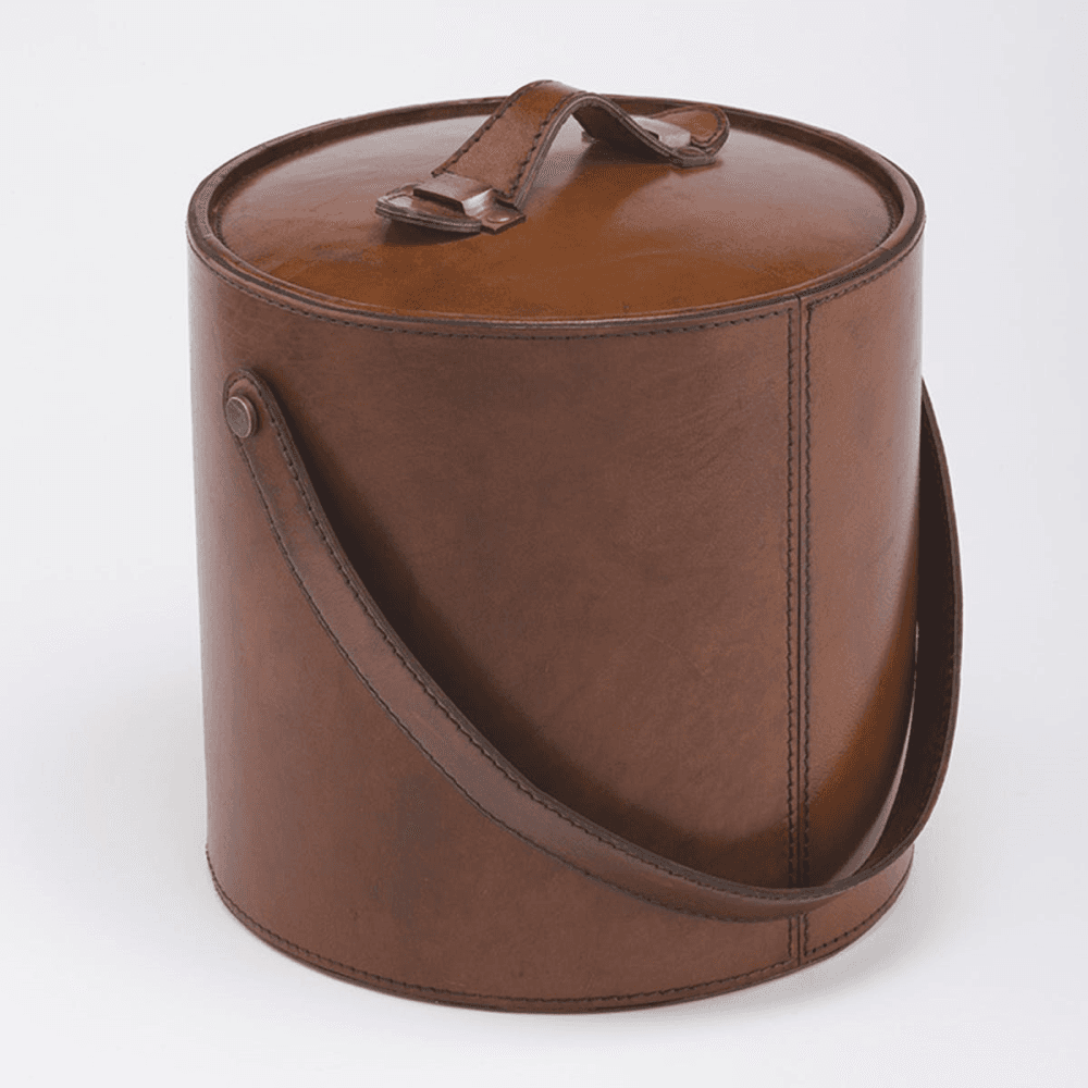 Ice Bucket And Tongs, Tan Leather