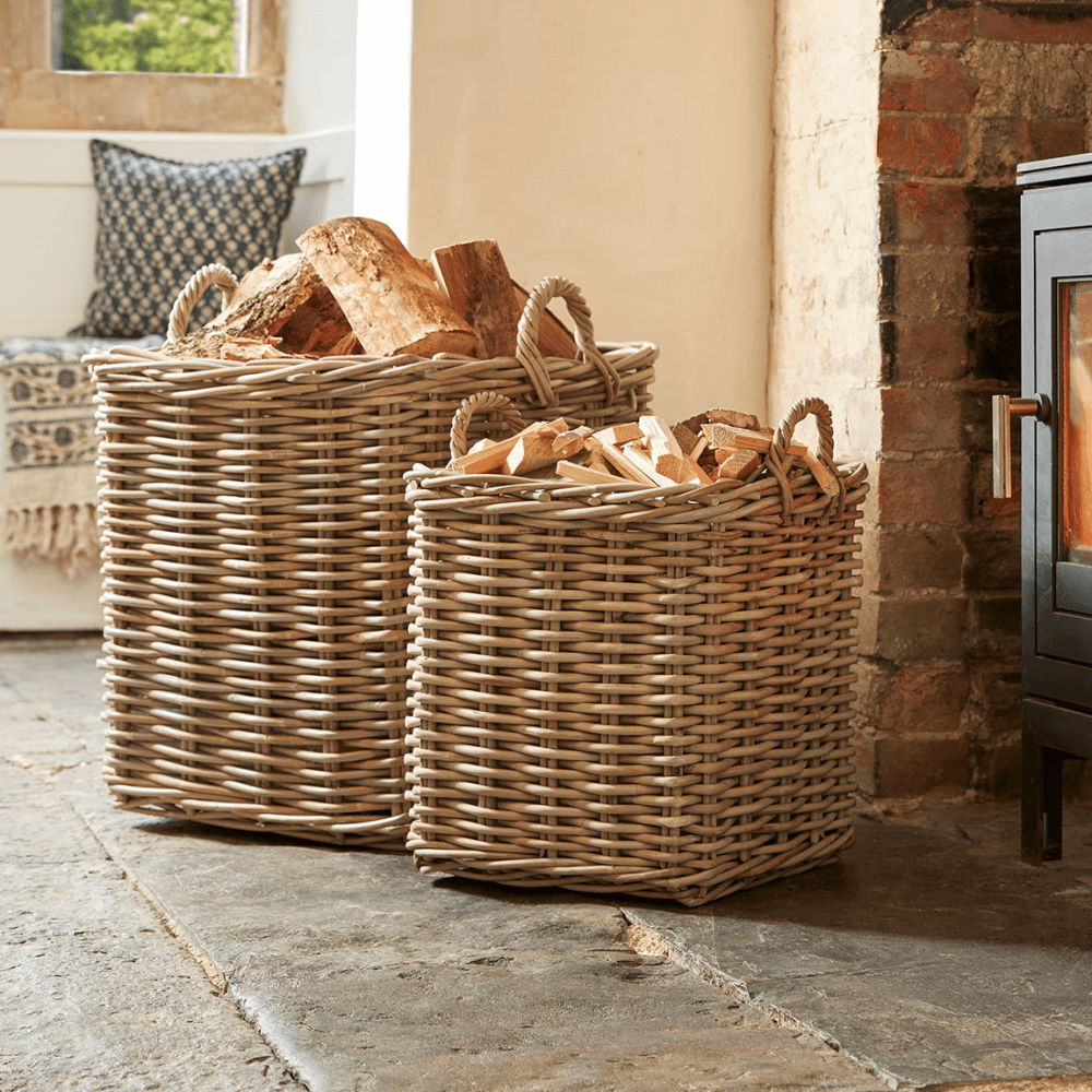 Rattan Set of 2 Square Log Baskets, Natural