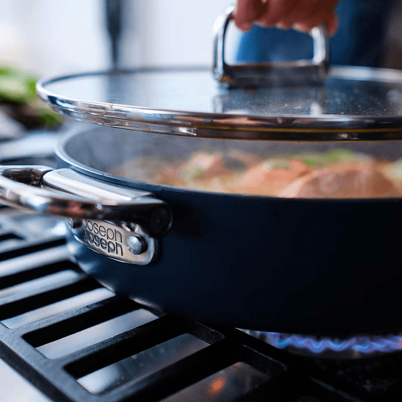 Space Folding Handle Ceramic Non-Stick Cookware Set, Midnight Blue
