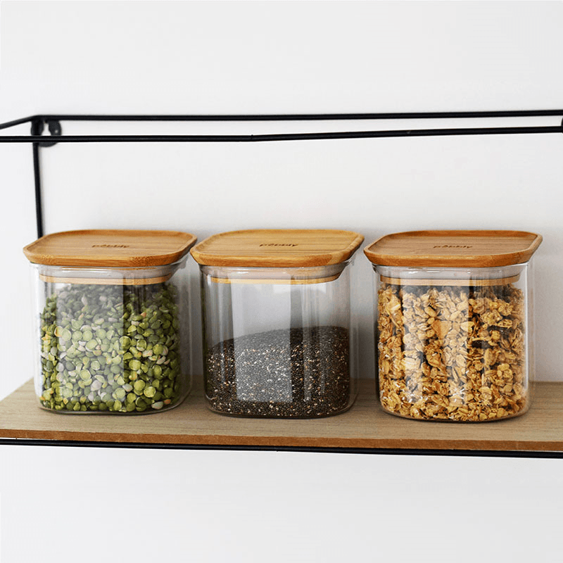 Glass Set of 3 Square Storage Containers, Bamboo