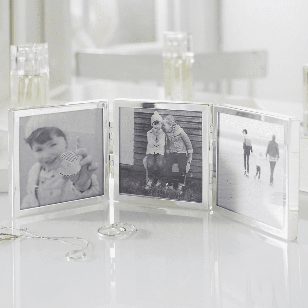 Triple Aperture Hinged Photograph Frame, fine silver