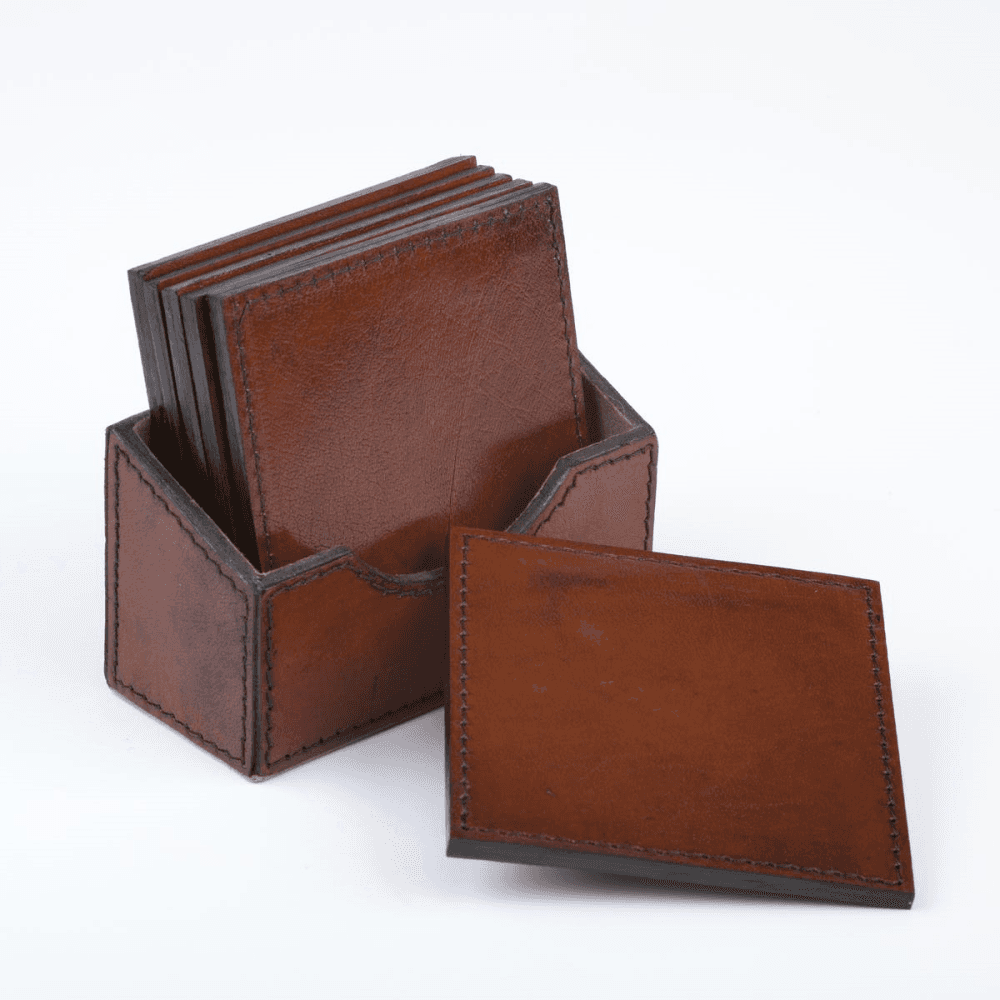 Leather Set of 6 Square Coasters, Conker Brown