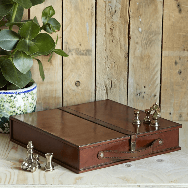 Chess set, tan leather