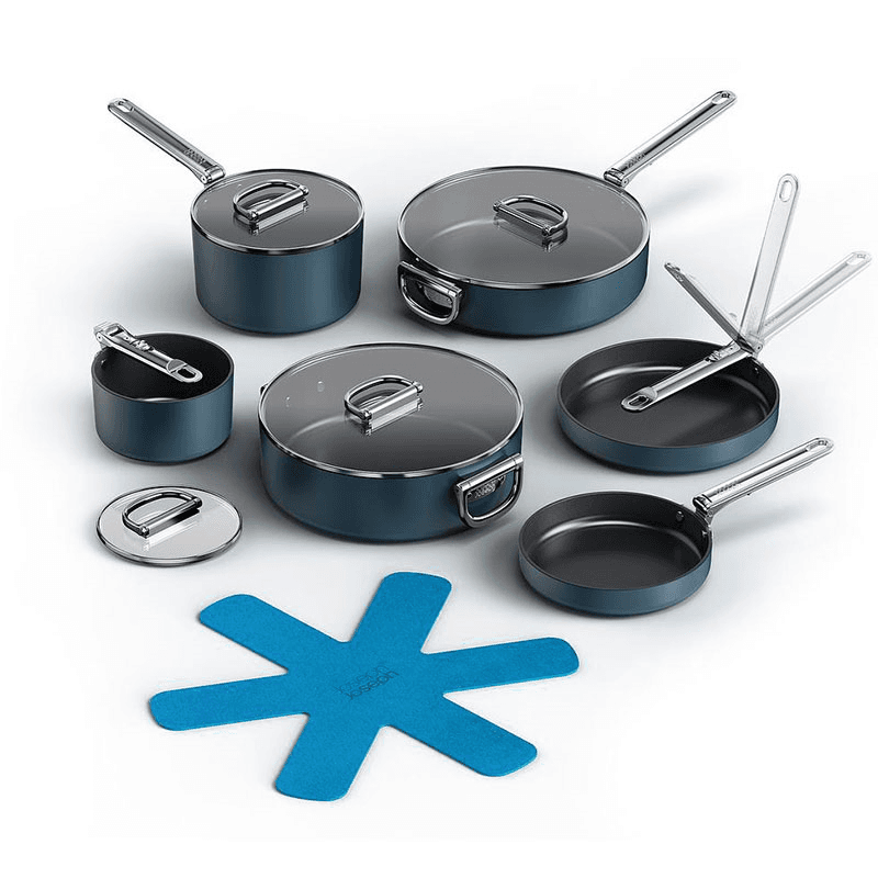 Space Folding Handle Ceramic Non-Stick Cookware Set, Midnight Blue