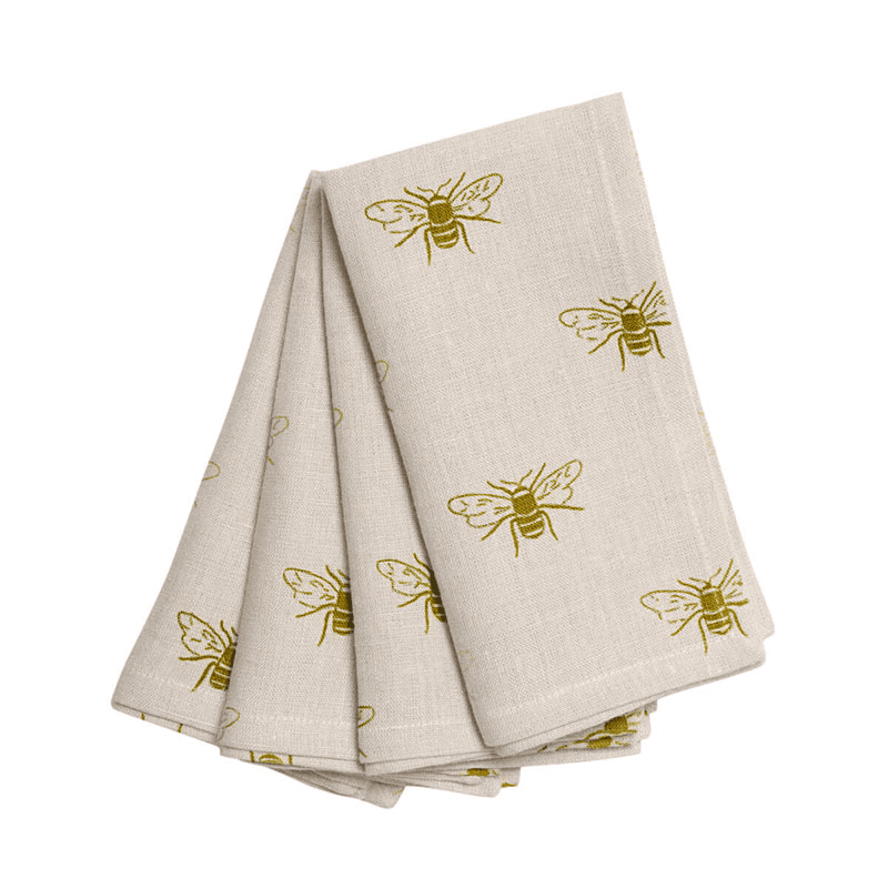 Bees Set of 4 Linen Napkins, Natural, Yellow