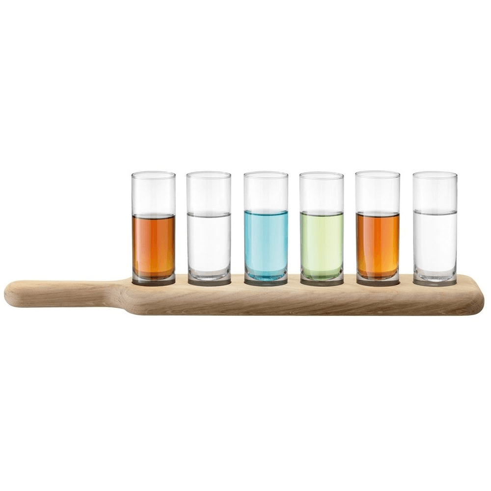 Paddle Set of 6 vodka glasses with oak paddle, clear