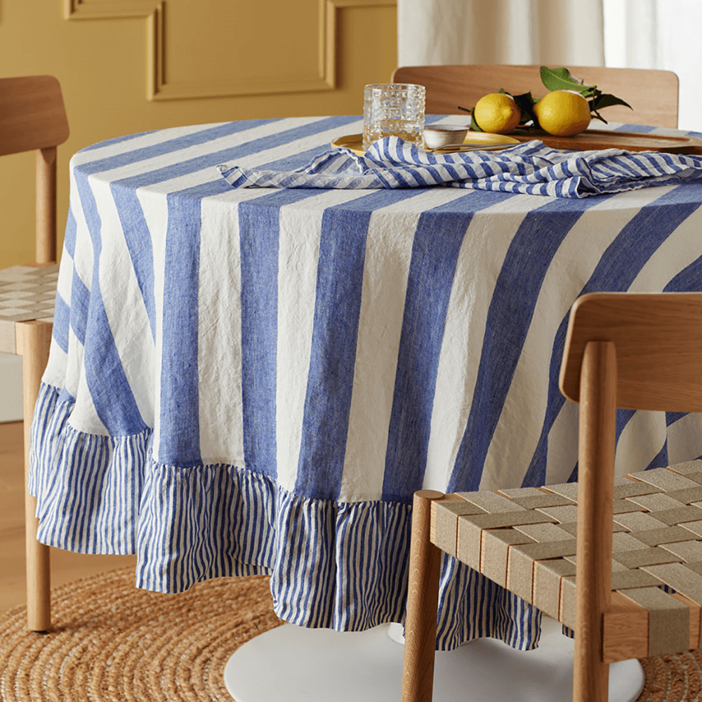 Cora Stripe Round Tablecloth, Cobalt