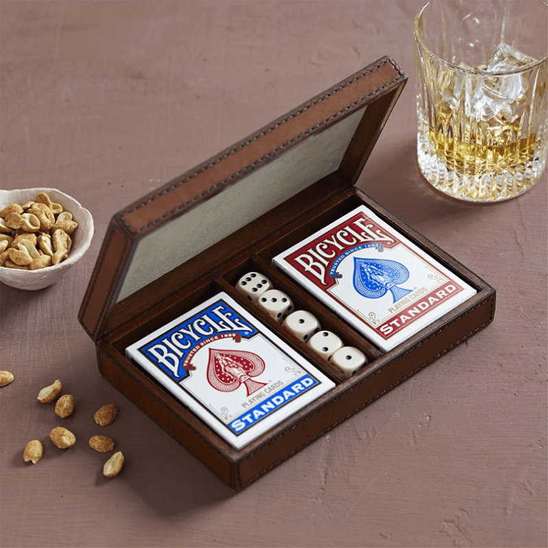 Leather Card and Dice Set, Conker Brown