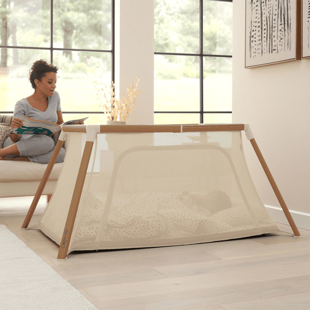 CoZee Go Travel Cot, Scandinavian Walnut/Ecru