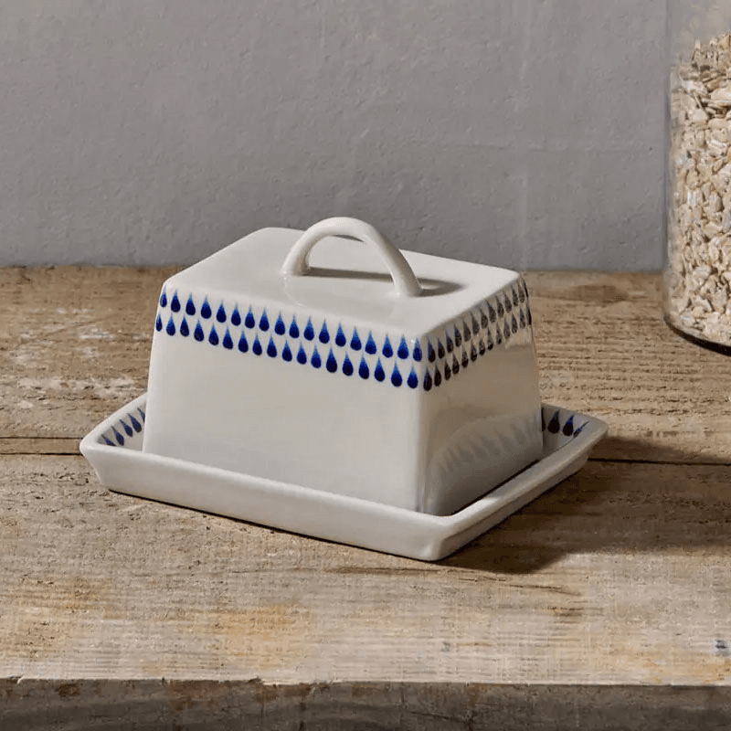 Indigo Drop Butter Dish, Cream & Blue