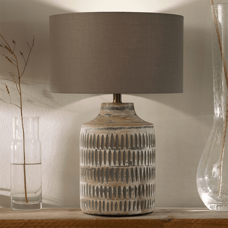Galle Textured Table Lamp with Cylinder Shade, Grey Wash Wood