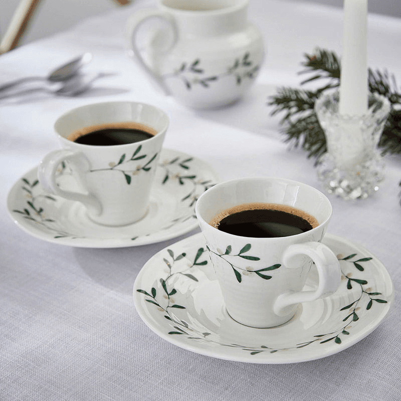 Mistletoe Pair of espresso cup & saucers, White/ Green
