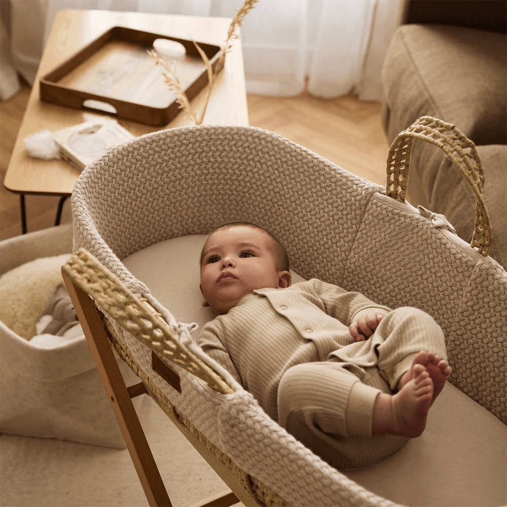 Natural Wheat Knit Moses Basket and Natural Foldable Stand