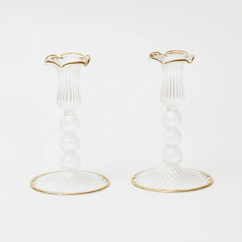 Rimmed Pompom Set of 2 Candlesticks