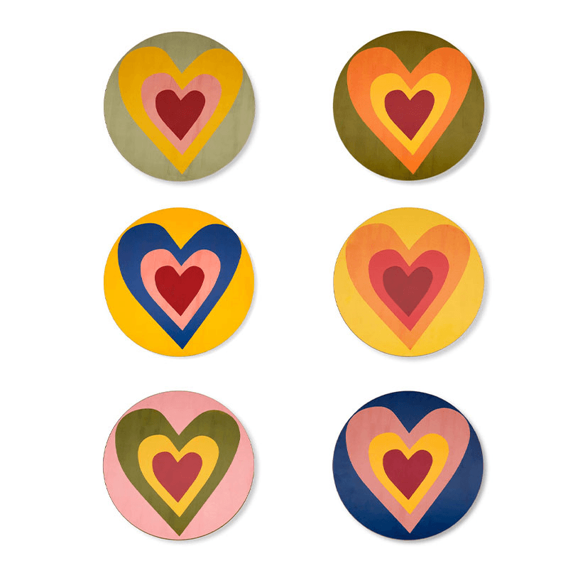 Heart Set of 6 Round Assorted Placemats, Multi