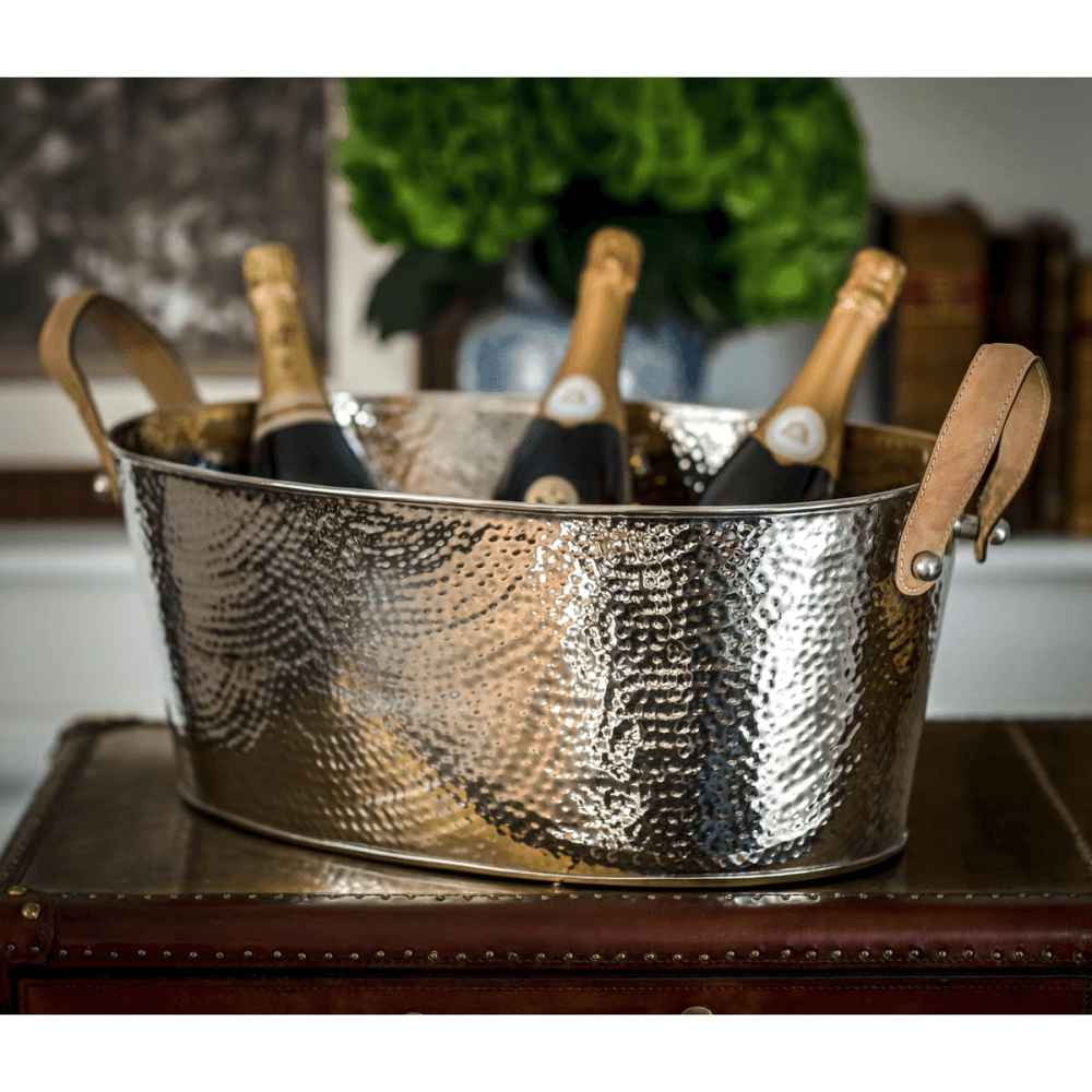 Hammered Champagne bath with leather handle, Nickel Plate And Leather