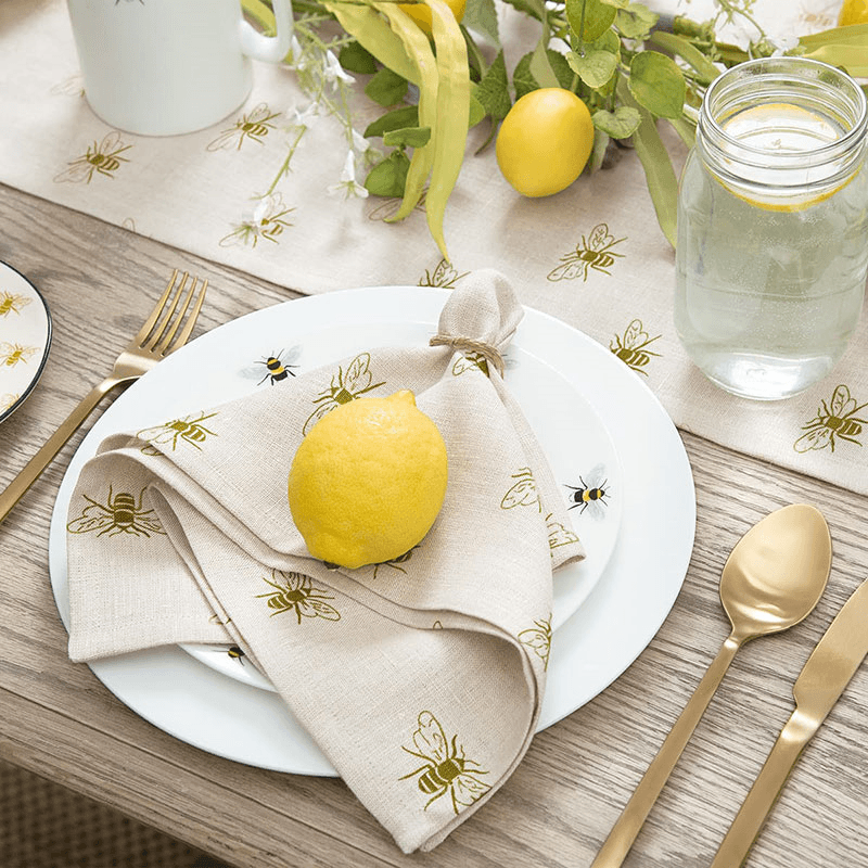 Bees Set of 4 Linen Napkins, Natural, Yellow