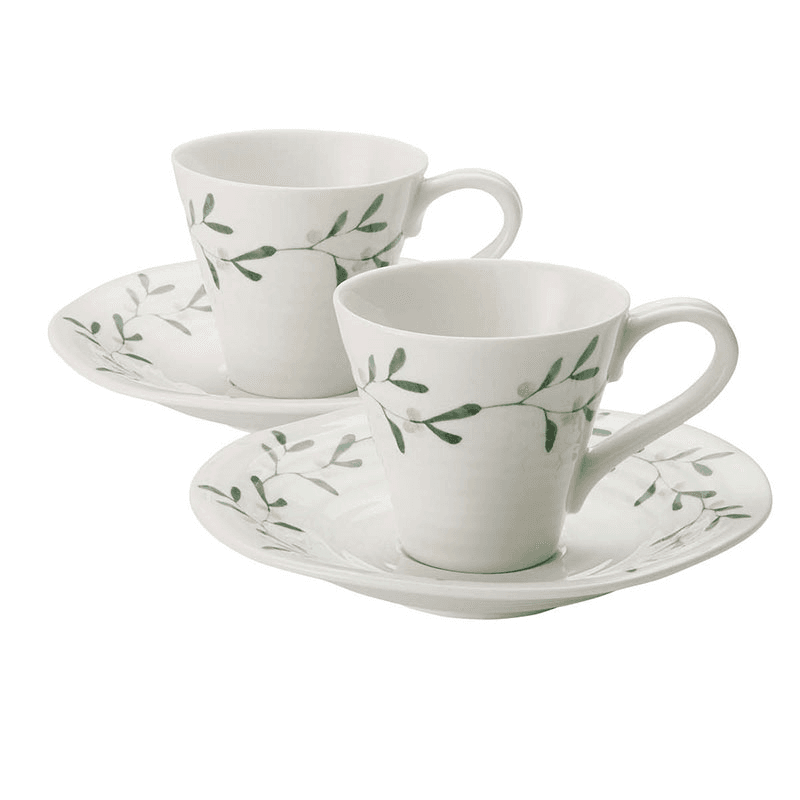 Mistletoe Pair of espresso cup & saucers, White/ Green