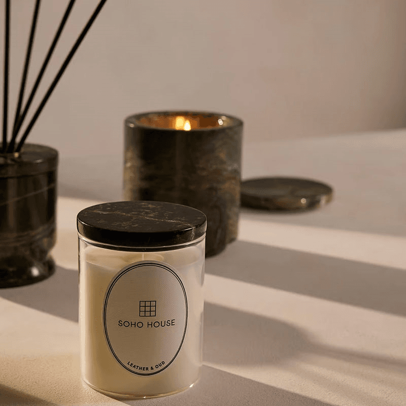 Leather & Oud Marble Candle, Forest Green