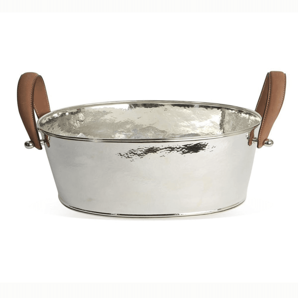 Hammered Champagne bath with leather handle, Nickel Plate And Leather