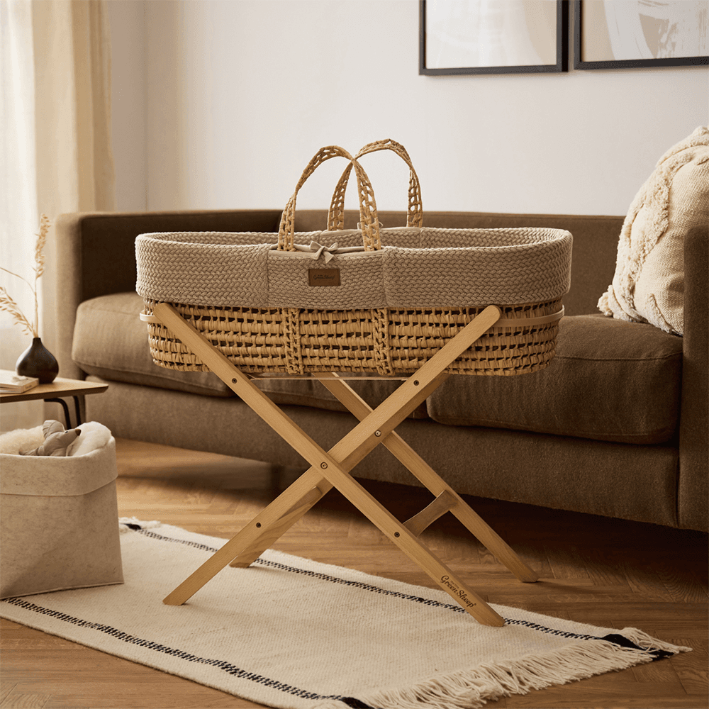 Natural Wheat Knit Moses Basket and Natural Foldable Stand