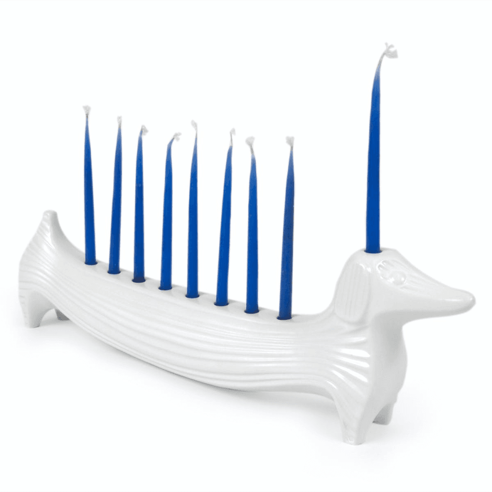 Daschund Menorah, White Ceramic