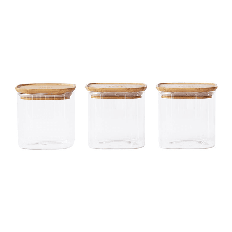 Glass Set of 3 Square Storage Containers, Bamboo