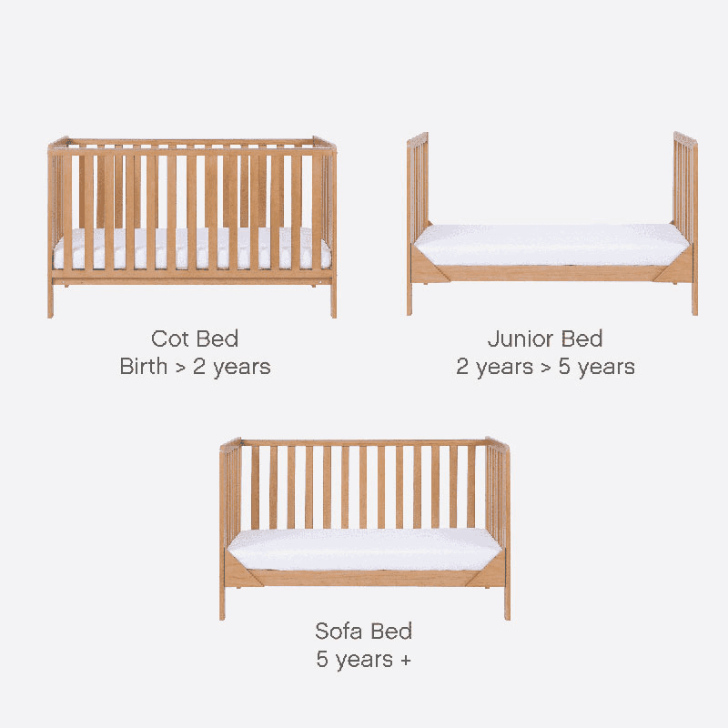 Malmo 3 in 1 Cot Bed with Cot Top Changer & Mattress, Oak