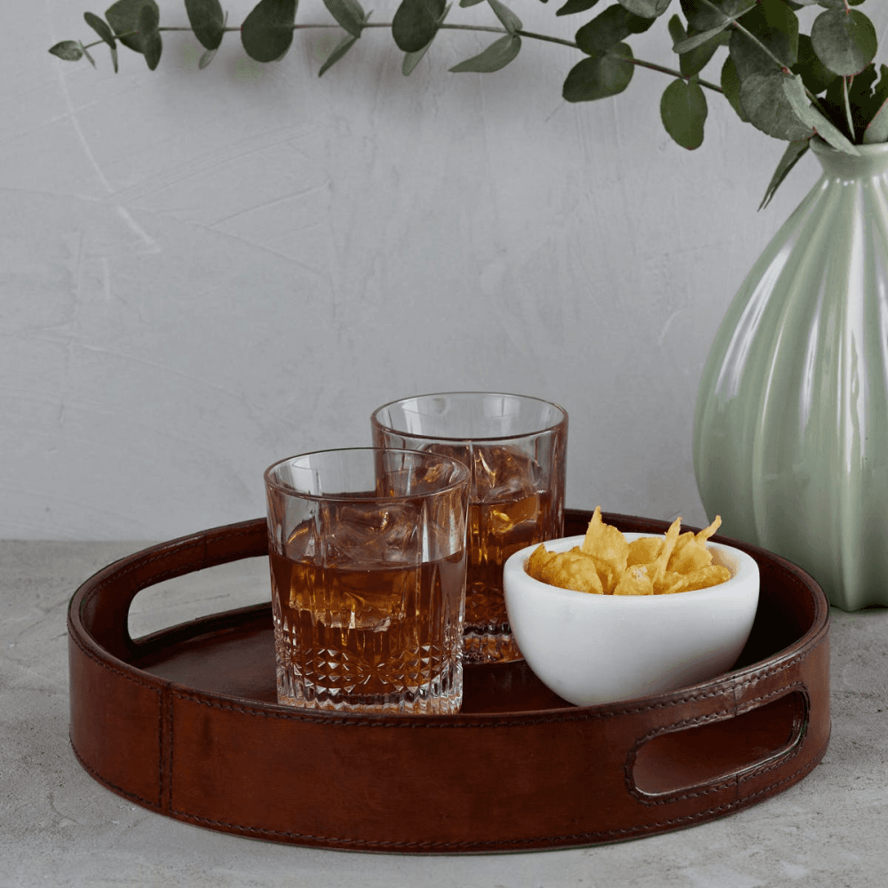 Round drinks tray, Tan Leather