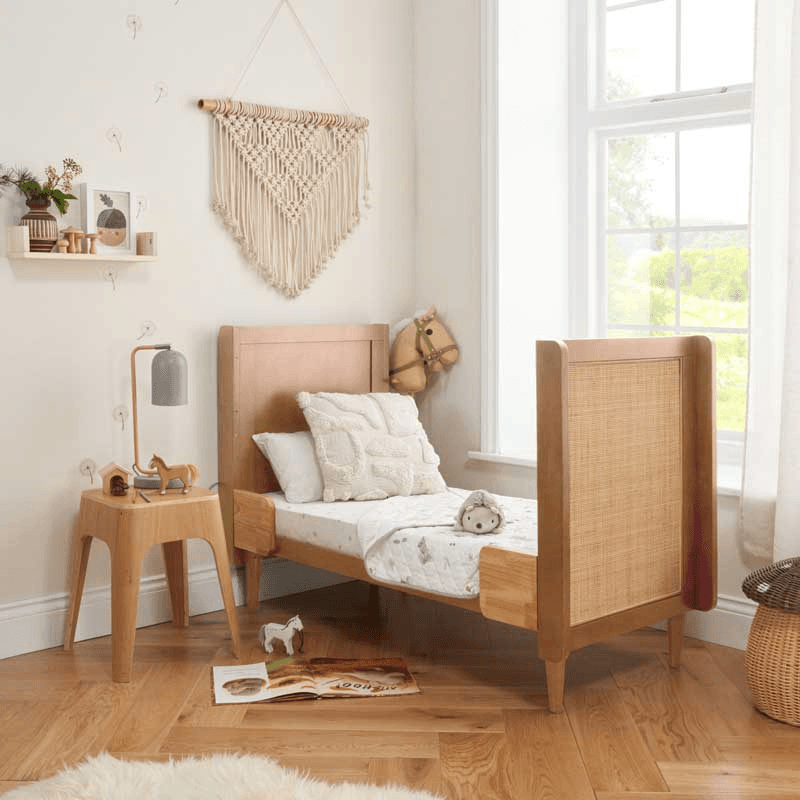 Japandi Cot Bed, Light Oak Rattan