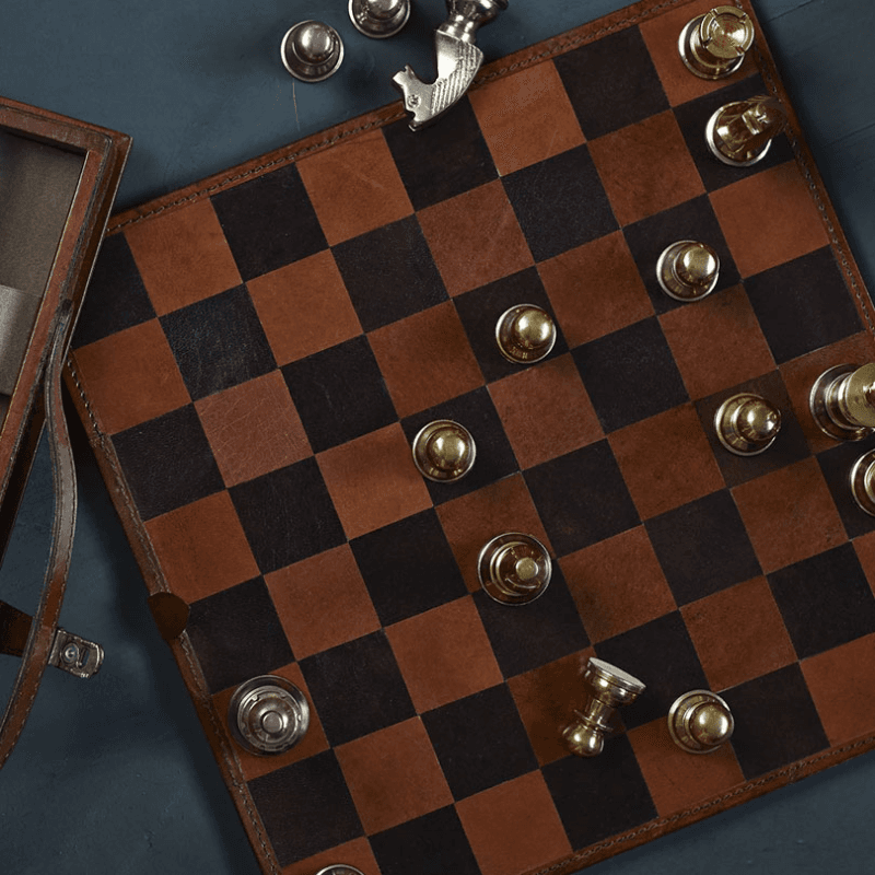 Chess set, tan leather