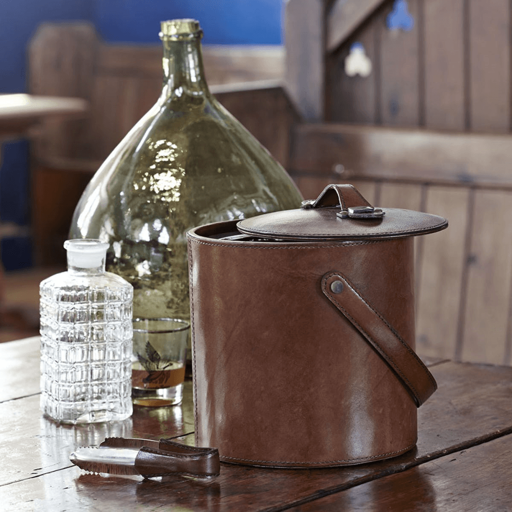 Ice Bucket And Tongs, Tan Leather
