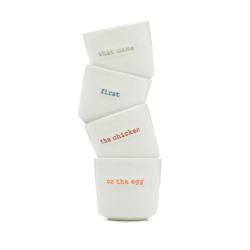 Word Set of 4 Egg Cups "What Came First..."