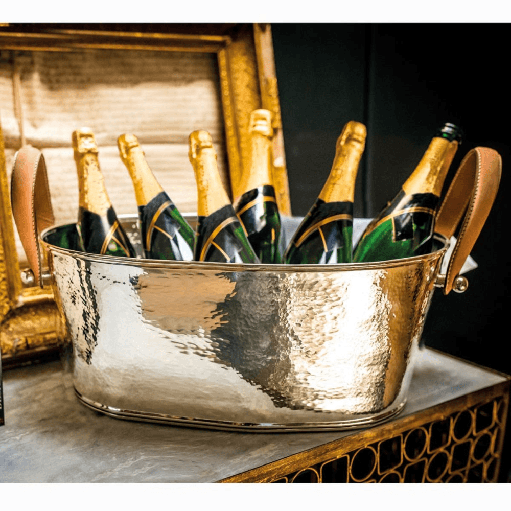 Hammered Champagne bath with leather handle, Nickel Plate And Leather