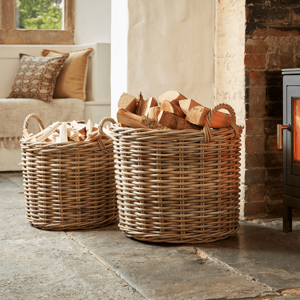 Rattan Set of 2 Round Log Baskets, Natural