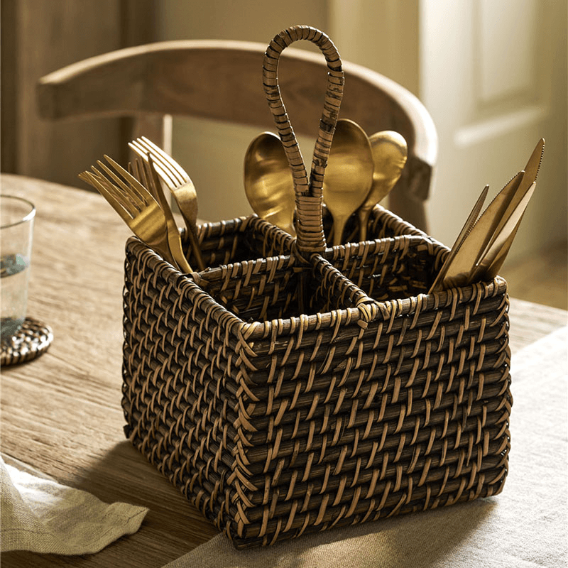 Wittering Rattan Cutlery Caddy, Antique Brown