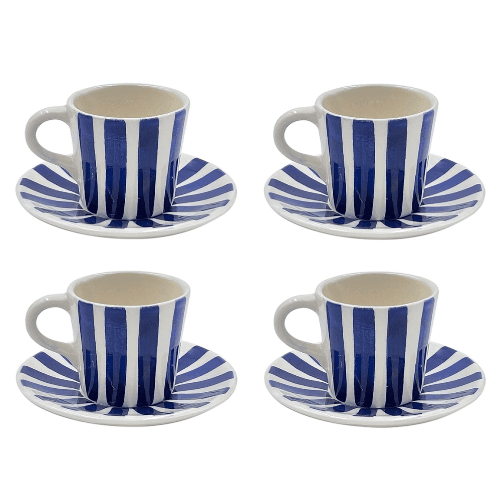 Stripes Set of 4 Espresso Cup & Saucers, Navy