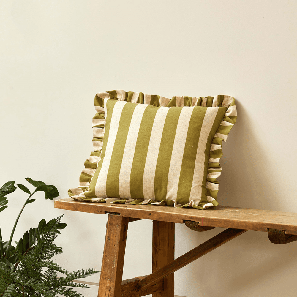 Linen Stripe Ruffle Cushion, Olive
