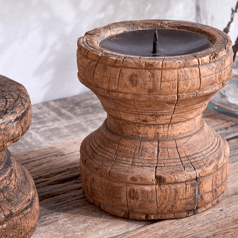 Thoko Reclaimed Round Candlestick, Dark Stain