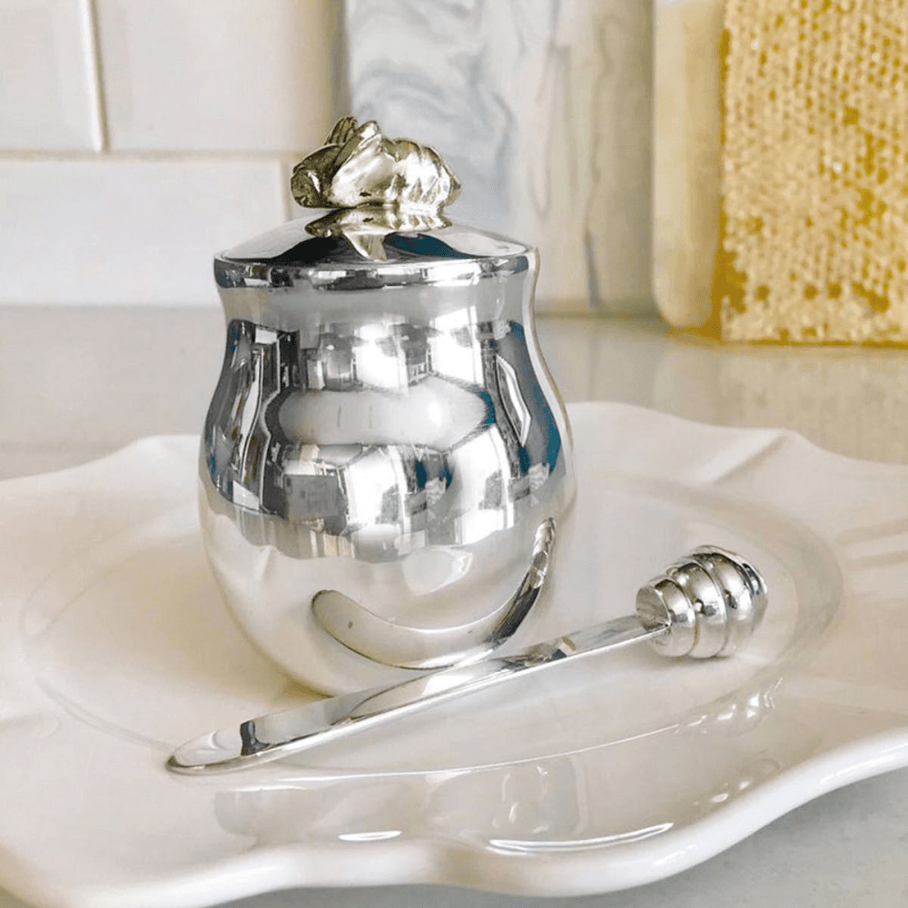 Bee Honey pot with spreader, Silver