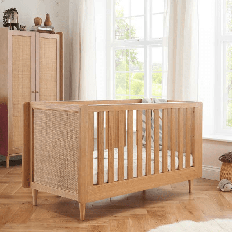Japandi Cot Bed, Light Oak Rattan
