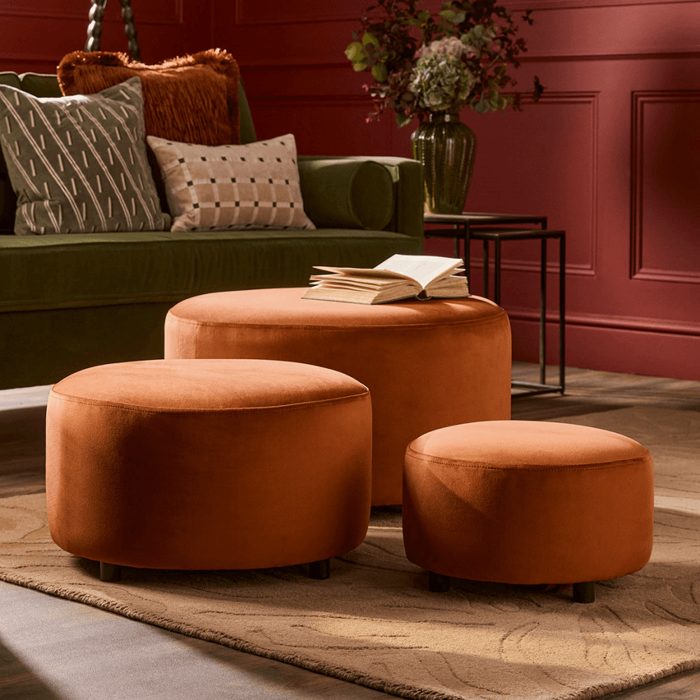Three Stacking Ottomans, Burnt Orange Velvet