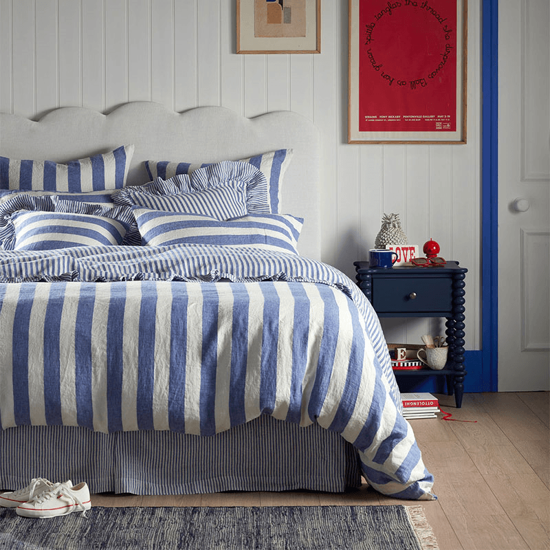 Cora Stripe Linen Frill Edge Cushion Cover, Cobalt