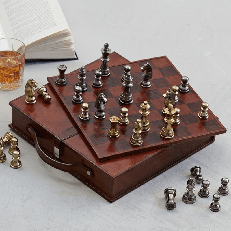 Chess set, tan leather