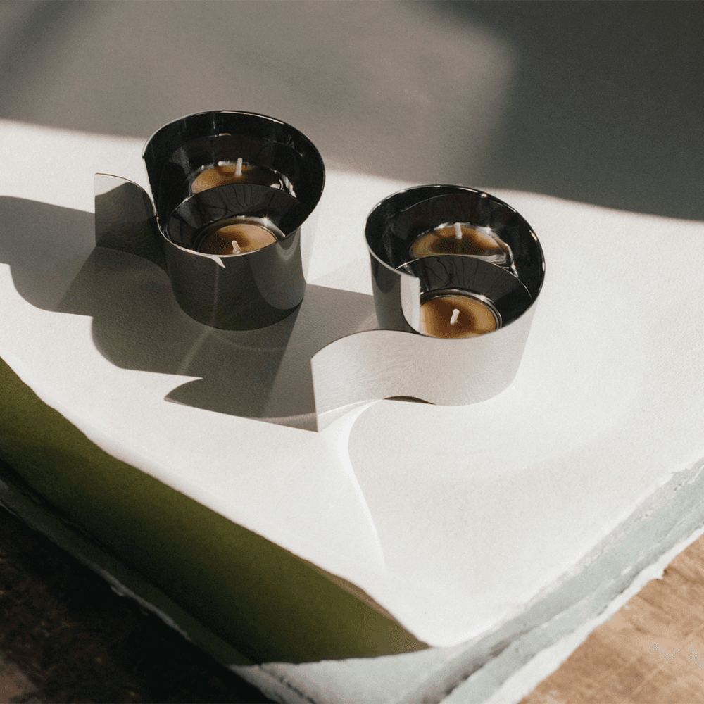 Fold Set of 2 Mirror Tealight Candleholders, Silver