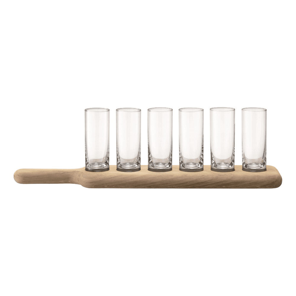 Paddle Set of 6 vodka glasses with oak paddle, clear